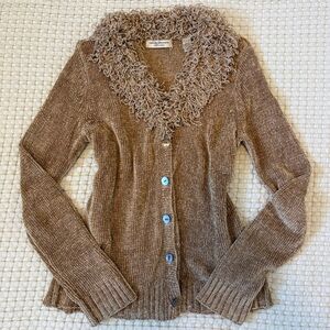 Valerie Stevens Brown Chenille Cardigan with Textured Collar